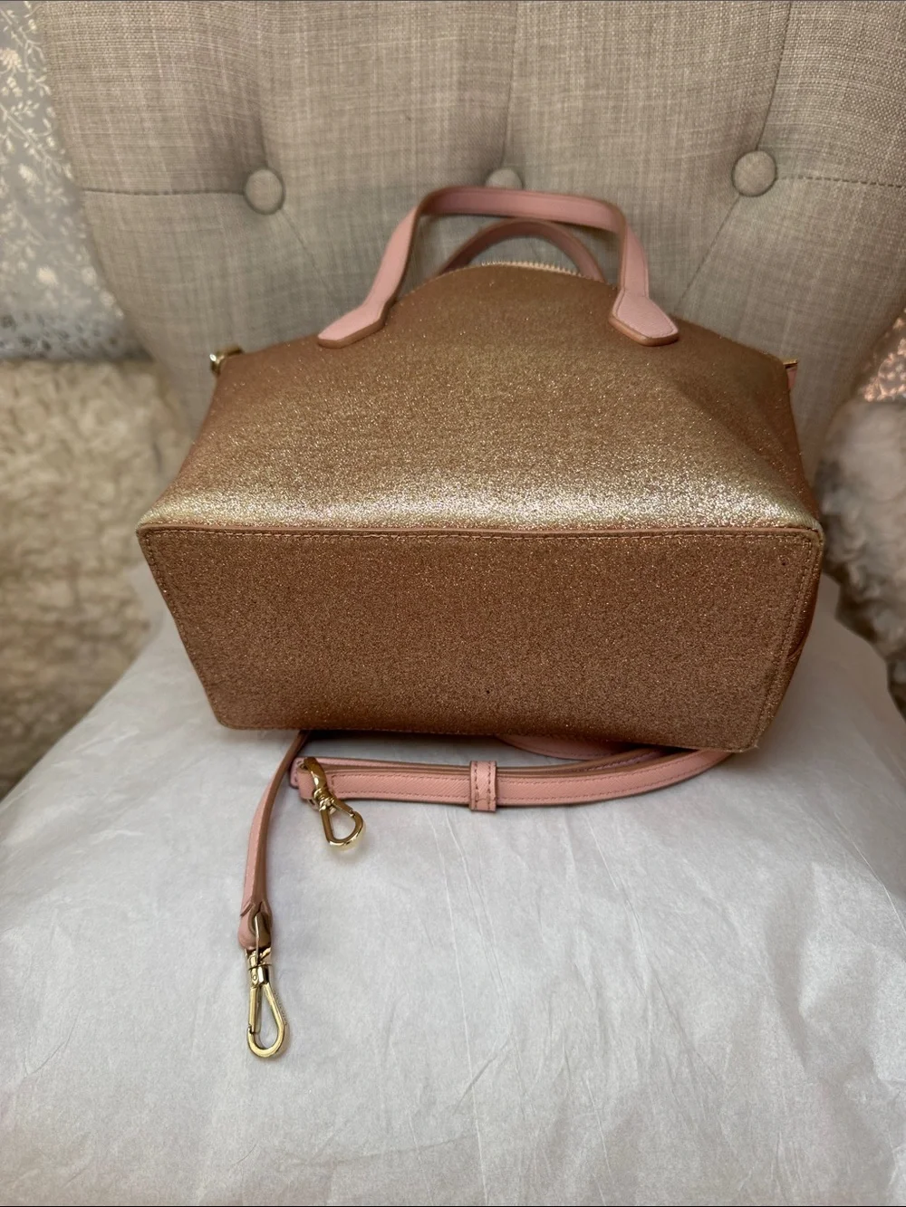 kate spade Gold Glitter Tote with Pink Handles